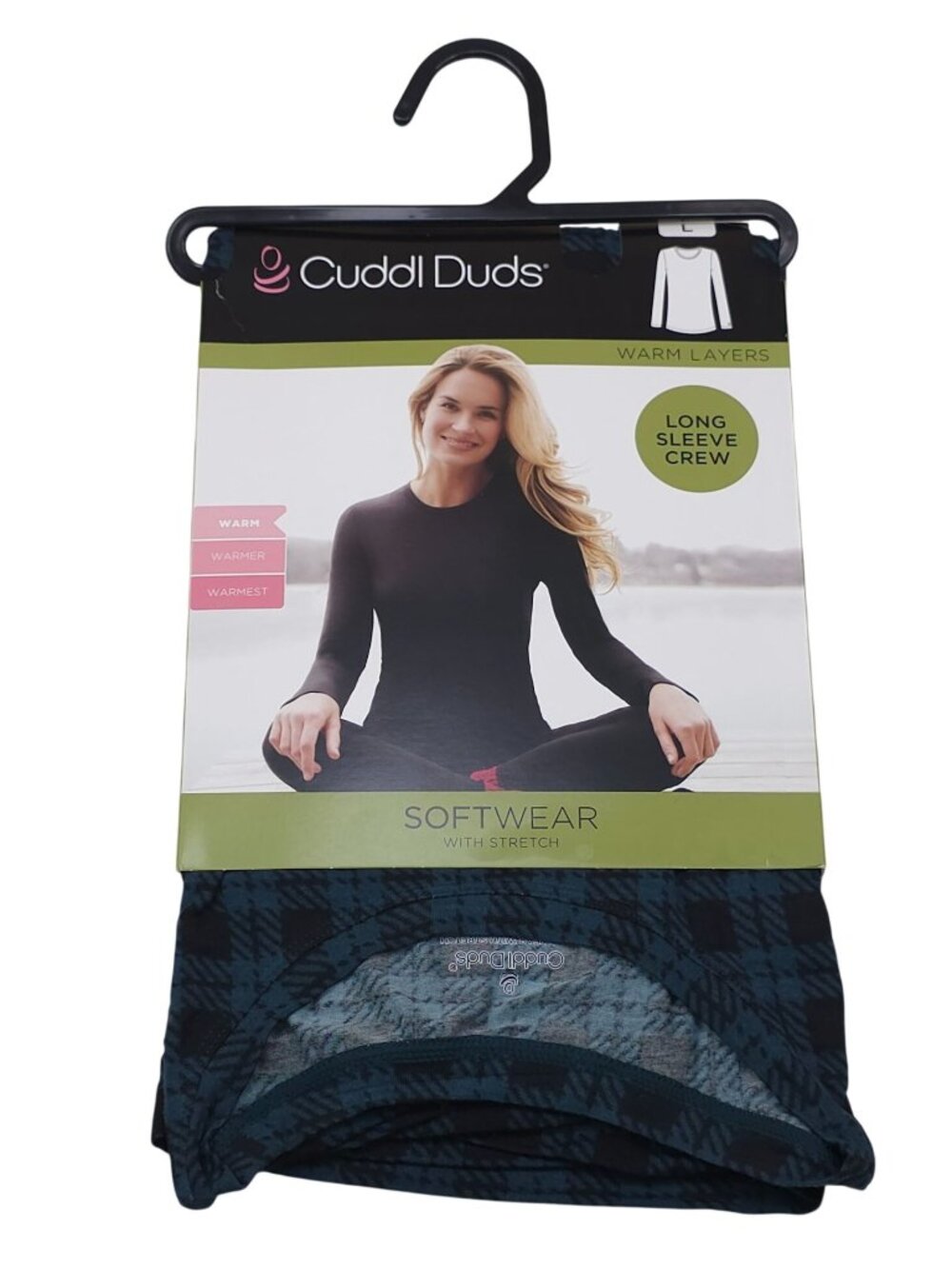 Cuddl Duds Womens L Long Sleeve Crew Softwear Stretch Warm Layers Green Plaid
